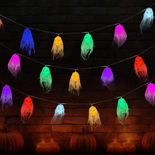 1 pieza 10LED/2M Luces de cadena con calavera de velo, luces de hadas con pilas, adecuadas para dormitorio, Halloween, sala de estar, fiesta, boda, hogar, patio, camino, suministros para fiestas, decoración, todas las temporadas, chimenea (excluyendo la batería)