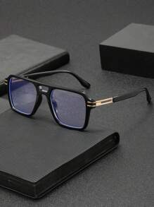 1 Pair Men's Square Frame Double Bridge Stylish Retro Fashion Personalized Flat Glasses, Suitable For Computer Office, Decoration, Daily Outfit