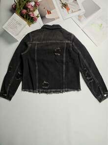 Women's Casual Street Style Distressed Flap Pocket Washed Denim Jacket, Autumn Spring - Dark Grey - View 7