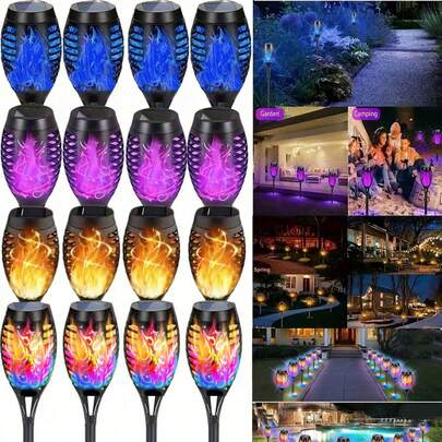 6/4/2/1pcs Solar Powered 12 LED Flame Torch Lights, With Flickering Flame, Solar Powered Tiki Torches - Auto On/Off, Great For Garden Paths And Outdoor Landscape Lighting, Patio And Yard Halloween Decor (Green) (Purple) (Blue) (Flame Color), Suitable For Various Holiday Decorations Like Thanksgiving And Easter