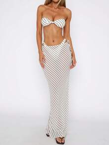 Women's Beachwear, Semi-Sheer Printed Skirt With Drawstring Waist, Swimsuit Cover-Up - White - View 2
