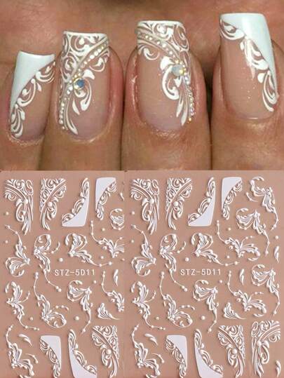 2 Peças Adesivos de Unhas Francesas com Renda e Flores Brancas, Design Elegante de Casamento, Decalque de Arte de Unhas em Relevo, Aplique em suas Unhas, Aplique uma Camada de Esmalte Transparente ou Top Coat na Superfície e suas Unhas Ficarão Mais Bonitas e os Adesivos de Unhas Durarão Mais.