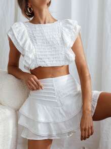 Women Y2k 2 Piece Ruffle Outfit Cap Sleeve Crop Tank Top And Mini Layering Skorts Set - 白色 - 查看 4