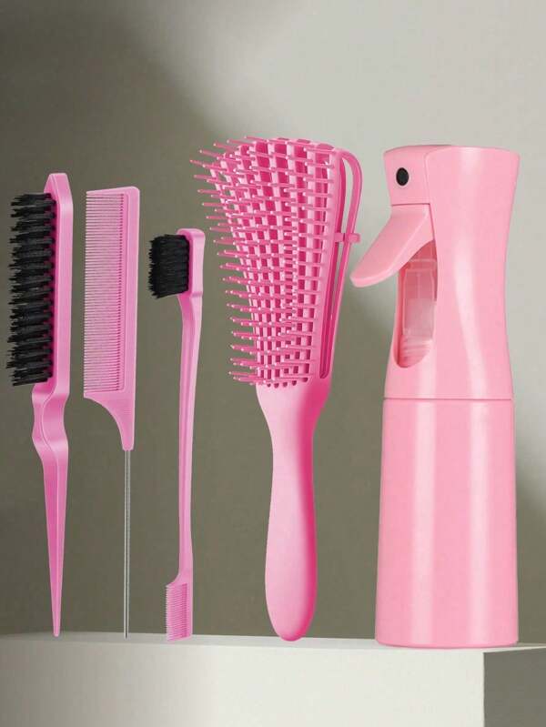 Brosse à cheveux avec set de peignes de coiffure, avec flacon vaporisateur de 200 ml. Brosses à cheveux démêlantes pour femmes, hommes et enfants aux cheveux bouclés. Set de brosses à cheveux avec brosse démêlante, brosse à effiler, peigne à queue de rat, brosse à contours. 1 brosse à contours double face, 1 brosse à poils, 1 peigne à queue de cochon. Démêlage plus facile et plus rapide le jour du lavage, pour la rentrée, les voyages et les vacances. Accessoires capillaires pour femmes.