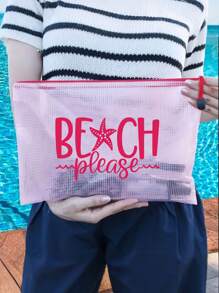 A4尺寸时尚防水PVC沙滩包，印有“Please Beach”字样，配有透明化妆袋和尼龙拉链，是游泳、潜水和夏季度假的理想之选——轻便易携，适合所有年龄段，是沙滩包配件、旅行必备、度假必备、假日旅行包、书包、返校用品、洗漱包和防水洗漱包的理想之选。 - 彩色 - 查看 3