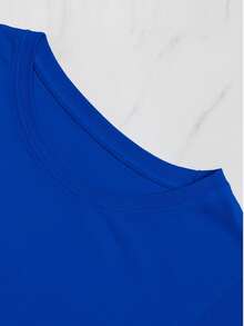 Camiseta de manga corta con estampado de CORAZONES DE LEOPARDO, de cuello redondo, playeras para mujer, blusas gráficas para mujer - Azul Rey - Ver 2