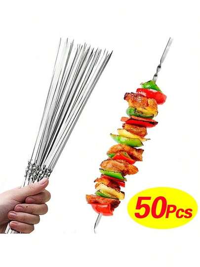50PCS Kebab Skewers Stainless Steel Metal BBQ Skewers Barbecue Meat Kebab Shish