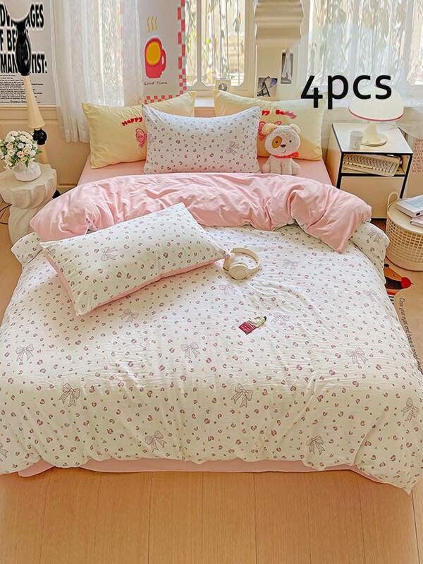 4pcs Bedding Set, Purple Bow & Heart Pattern Duvet Cover, Soft & Comfortable Bedding, Solid Color Flat Sheet, Suitable For Student Dorm, Children's Room, Double Bedroom, Super Soft Fiber Bedding Set, Cute & Girly Style, Suitable For All Seasons (Includes 1 Duvet Cover, 1 Flat Sheet, 2 Mixed Pillowcases, Excludes Filler)