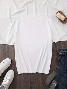 Women's Clothing, Summer Cotton T-Shirt, Vibrant Leaf And Fruit Print, Round Neck, Bright Pink, Washable, Casual Top For All Seasons, Designer Women's Clothing. - 白色的 - 查看 3