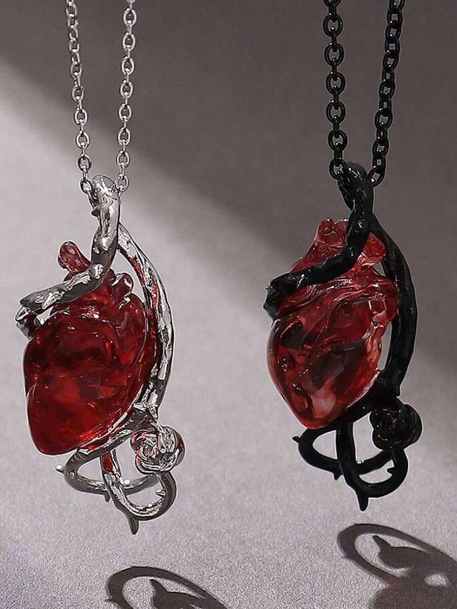 1 pieza Collar colgante con diseño exagerado europeo y americano de espina y flor envolviendo un corazón, colgante de Halloween, para parejas, unisex, color plateado y negro, regalo - Multicolor - Ver 1