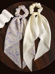 2 件纯色和花卉雪纺长围巾披肩发圈发饰，波西米亚宫廷风格，休闲，涤纶，四季皆宜，发圈，发圈，洗脸 - 米色 - 查看 2