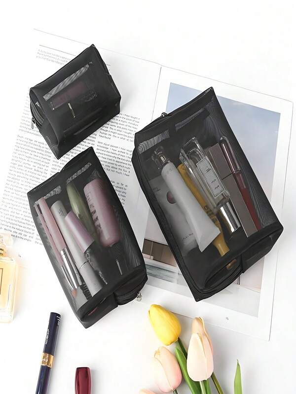 3pcs/Set Mesh Makeup Bags, Breathable Mesh Cosmetic Bags, Toiletry Travel Organizer Set, Transparent Essential Gift Organizer, Zipper Accessory Mesh Makeup Bag, Women's Portable Cosmetic Bag, Multi-Size Visible Summer Travel Toiletry Bag, Suitable For Students Daily Use