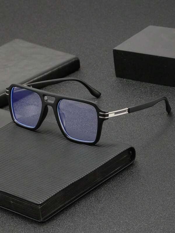 1 Pair Men's Square Frame Double Bridge Stylish Retro Fashion Personalized Flat Glasses, Suitable For Computer Office, Decoration, Daily Outfit