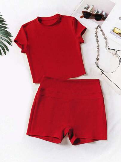 Women Crew Neck Short Sleeve Elastic Waist Pants 2 Pieces Set, Casual