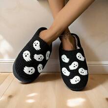 New Halloween Ghost, Pumpkin, Spider Web, Lollipop Ghost Plush Slippers, Cartoon Winter Warm Couple Indoor Soft Bottom Non-Slip Home Slippers - Black - View 1