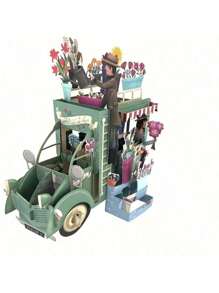 Carte d'anniversaire pop-up 3D avec voiture verte rétro et fleurs colorées - Carte de vœux pour anniversaires, anniversaires, félicitations - Design de dessin animé ludique, cadeau idéal et décoration de fête, carte-cadeau Carte pop-up florale Illustration charmante, décorations d'anniversaire, pour les fournitures scolaires, rentrée des classes