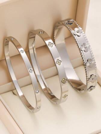 3 piezas Elegantes pulseras de acero inoxidable con diseño de cuatro hojas para mujer, adecuadas para boda, regalo de aniversario, uso diario