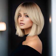Peruka syntetyczna, krótka, prosta, 30,48 cm, z grzywką, w stylu bob w kolorze złotym – żywy kolor, lekka i modna, odpowiednia do cosplayu, codziennego noszenia i na imprezy - Ombre blond - Zobacz 3
