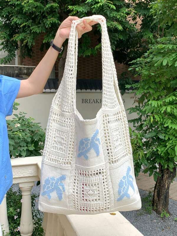 1 Piece Of Fashionable Hand-Woven Turtle Pattern Women's Shoulder Bag, Hollow Knitted Beach Bag, Summer Vacation Essential, Portable Handbag, Suitable For Summer Leisure Travel And Beach Adventure, Beach Essential, Beach Supplies, Summer Essential, Vacation Essential, Very Suitable For Summer, Vacation And Beach. It Is An Ideal Choice For Outdoor Travel.