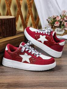 Autumn/Winter Glitter Fashion Shiny Sequin Festive Red Shoes, Multi-Color Patchwork Casual Comfortable, Suitable For Daily Commute, Holiday Celebration, , Low-Top, Wedding, Women's Athletic Sneakers - Red and White - View 5