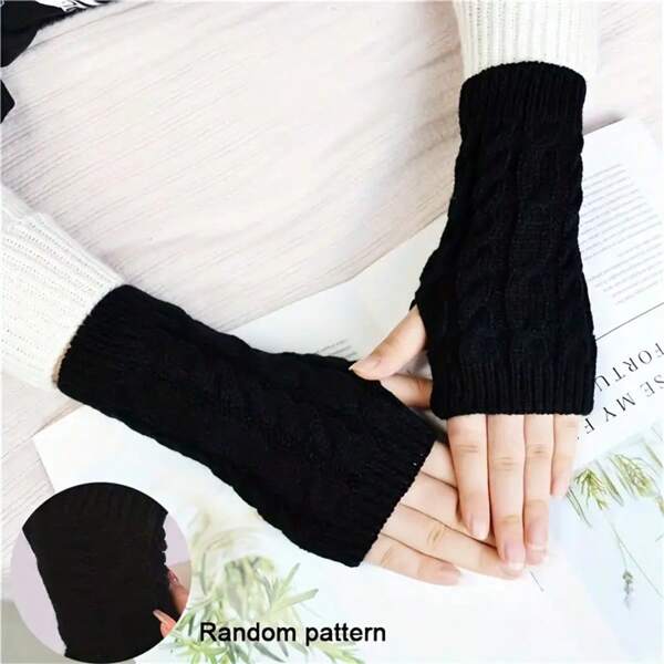Knitted Fingerless Gloves, Warm Gloves For Autumn/Winter, Acrylic Yarn Gloves With Exposed Fingers, Solid Color Short Gloves