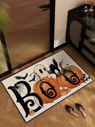 1pc Halloween Demon Pumpkin "BOO" Welcome Doormat, Funny Style Short Plush Quick-Drying Non-Slip Washable Entrance Mat, Home Decor, Suitable For Kitchen, Bathroom, Dining Room, Entryway, Party, Gathering, New Year, All Seasons, Yard Decoration Halloween Decor Halloween Decorations Halloween Decoration Room Decor