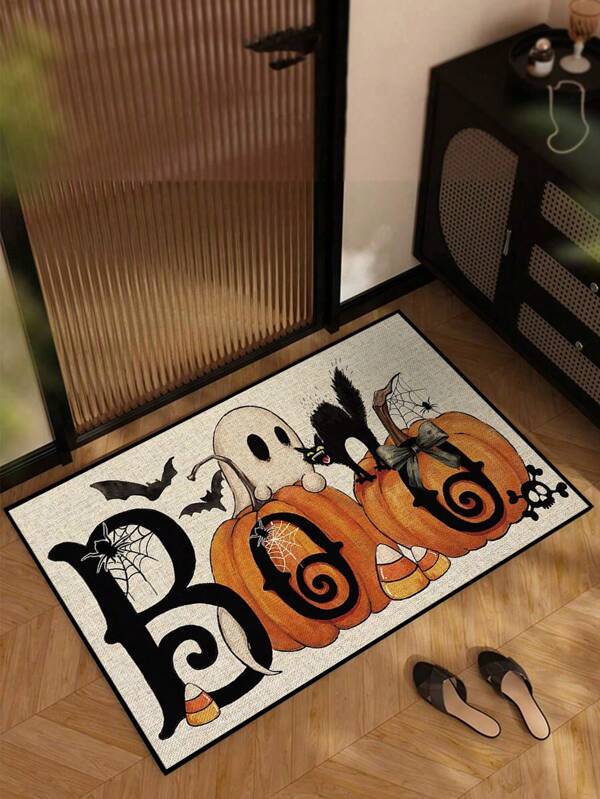 1pc Halloween Demon Pumpkin "BOO" Welcome Doormat, Funny Style Short Plush Quick-Drying Non-Slip Washable Entrance Mat, Home Decor, Suitable For Kitchen, Bathroom, Dining Room, Entryway, Party, Gathering, New Year, All Seasons, Yard Decoration Halloween Decor Halloween Decorations Halloween Decoration Room Decor