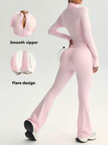 FWH Street-Ready 2 Pieces Set,Tummy-Control Waist + Thumbhole Sleeves, Gym-To-Street,Corset-Inspired Zip Front,4-Way Stretch Flares,Anti-Slip Waistband,Sculpting Jacket Zip Detail + Booty-Lifting Pants,Confidence-Boosting Set,Women's Zip-Front Jacket & Flared Pants,Set 2 Pieces Set Women