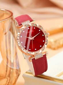 5pcs/Set 1pc Girls PU PU Watch Band Fashion Rhinestone Decorated Star Pattern Round Dial Quartz Watch &4pcs Butterfly Jewelry Set For Everyday Life Back To School - Red - View 3