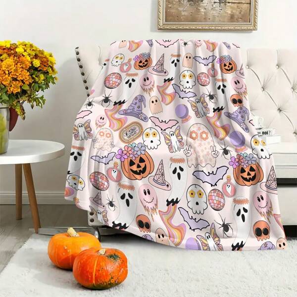 Halloween 1pc/4pcs Cartoon Series Shower Curtain Bathroom Decoration Set - Printed With Ghost, Pumpkin, Bat, Butterfly, Disco, 12 Shower Curtain Hooks, Non-Slip Bath Mat, U-Shaped Toilet Seat Cover, Bathroom Pendant Light For Bathroom/Room/Home/Living Room Decoration, Autumn Decoration.