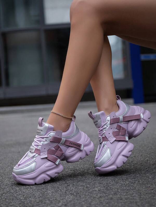 Women's Casual Sneakers With Purple Color Contrast Letter Decoration, Suitable For Daily Wear, Party, Campus And Street Style, Comfortable Lace-Up Sport Shoes