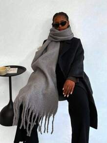 1 件女士冬季毛绒流苏长围巾纯天蓝色大号加厚超大号保暖毯围巾