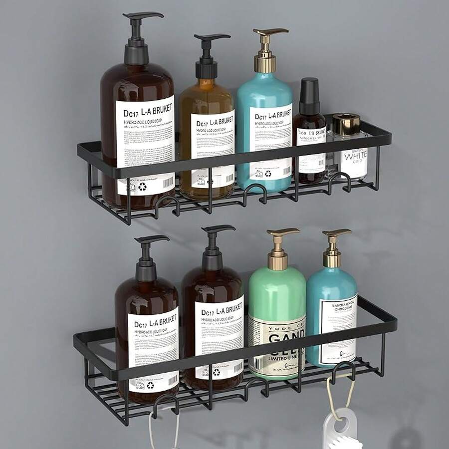 Shower Shelves For Inside Shower, 2 Pack Adhesive Bathroom Caddy Organizer Basket Rack For Storage And Organization, Wall Suction Bath Bathtub Shampoo Holder Set For RV Camper, Black - màu đen - Xem 1