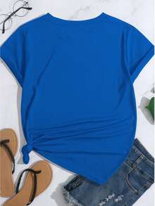 Camiseta de manga corta con estampado de CORAZONES DE LEOPARDO, de cuello redondo, playeras para mujer, blusas gráficas para mujer - Azul Rey - Ver 5