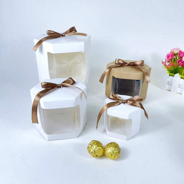 12pcs Hexagon Gift Boxes With Windows, For Packaging Tea, Candles, Mugs, Wedding/Birthday/Party/Shop Opening Gift Decoration