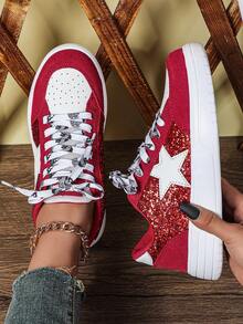 Autumn/Winter Glitter Fashion Shiny Sequin Festive Red Shoes, Multi-Color Patchwork Casual Comfortable, Suitable For Daily Commute, Holiday Celebration, , Low-Top, Wedding, Women's Athletic Sneakers - Red and White - View 2