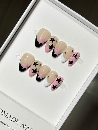 Lindo diseño de estrella de cinco puntas y francés con diseño a mano en negro y rosa, estampado a presión