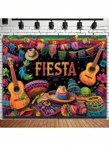 1pc Vibrant Mexican Carnival Photography Background - Fun Cactus & Guitar Props - Perfect For Festive Birthday Parties, May 5th Celebrations - Durable Party Decorations For Memorable Photo Booth Fun