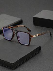 1 Pair Men's Square Frame Double Bridge Stylish Retro Fashion Personalized Flat Glasses, Suitable For Computer Office, Decoration, Daily Outfit
