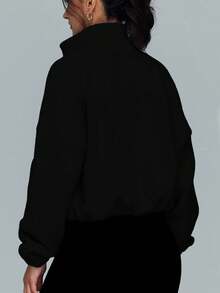 Women's Autumn And Winter Fleece Stand Up Collar Crop Jacket With Zipper And Drawstring