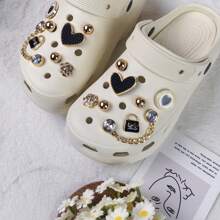 16pcs Shiny Heart, Bag, Golden Chain Fashion Decorative Charms, Non-Metallic Lightweight Material, Suitable For EVA Beach Shoes, Slippers, Detachable Shoe Decor, Girls Accessories, Holiday Gift