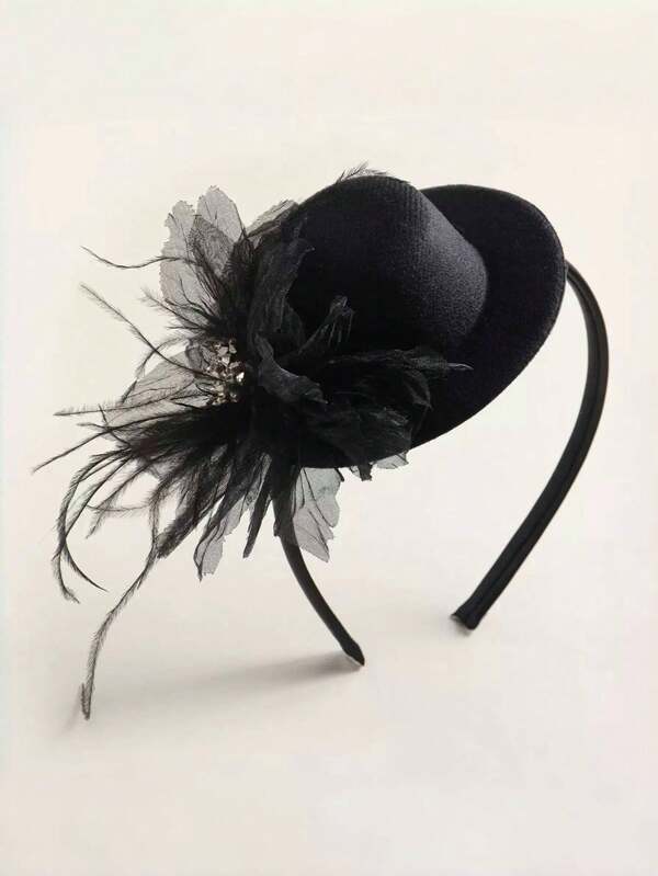Black Small Top Hat Headband With Black Veil And Flowers, Retro Style, Suitable For Parties, Ideal For Girls, Made Of Polyester Fiber, Hair Band, Diadema, Hair Hoop