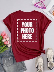 Customized Women's T-Shirts - Add Your Text And Photos (Landscape/Badge/Couple Photo/Family Photo/Selfie/Pet, Etc.), Front And Back Printing Customization, Design Your Own Personalized Printed T-Shirt As A Gift For Your Girlfriend, Couple Date Shirt, Etc - Burgundy - View 3