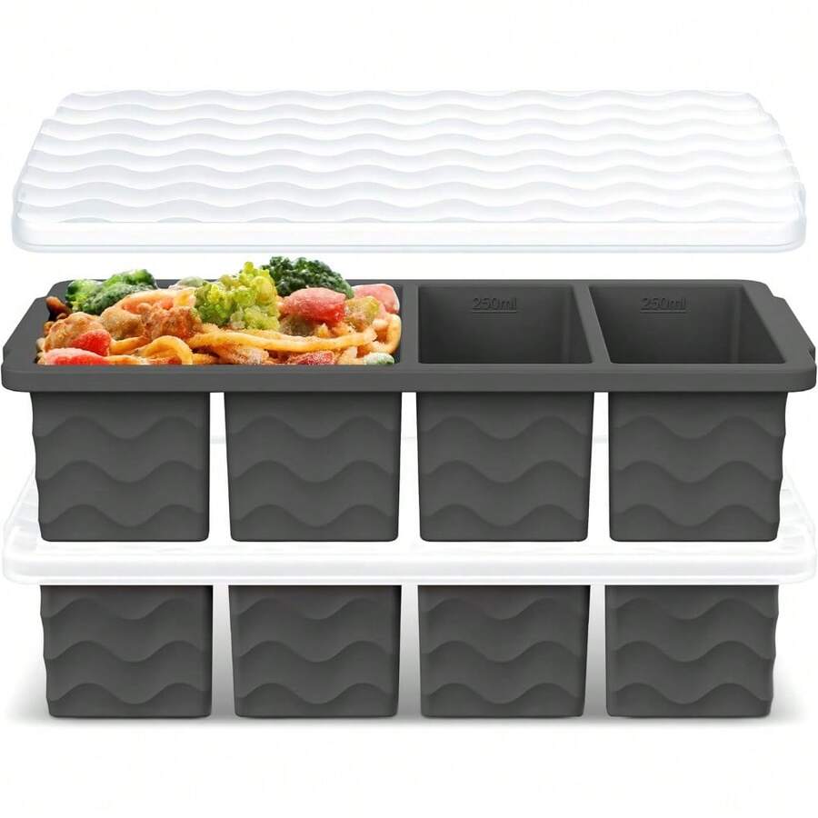 2-Pack Silicone Soup Freezer Trays With Lids - 1-Cup Portion Containers For Broth, Stock & Meal Prep, Leak-Proof Design & Stackable Storage, Perfect For 250mL/125mL Frozen Cubes - 深灰色 - 查看 1