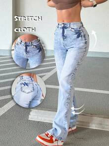 Pantalones vaqueros azul claro de tiro alto con corte ligeramente acampanado - tejido elástico, lavado vintage, versátil y casual - Lavado ligero - Ver 1