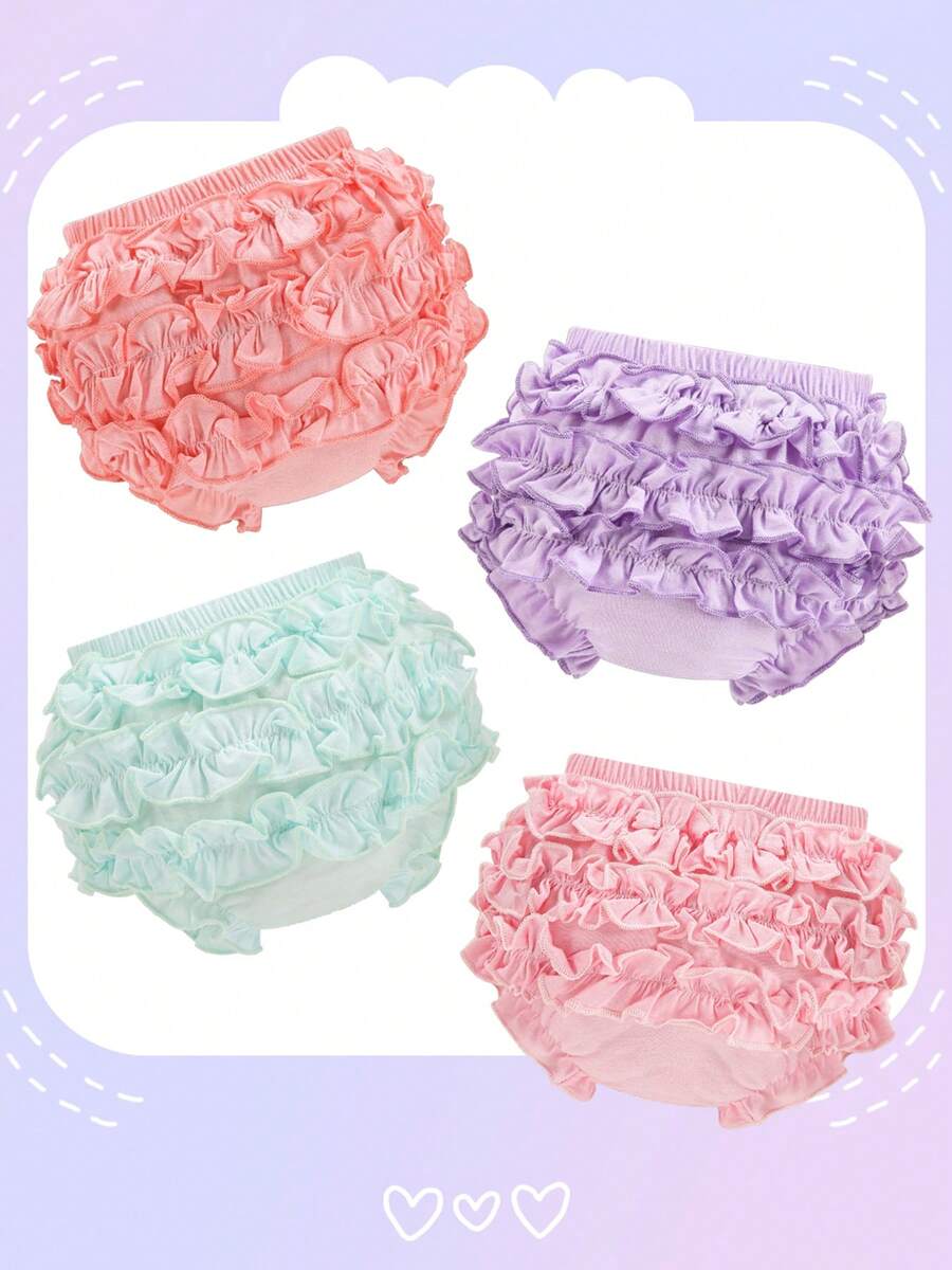 ORINERY 4-Pack Cotton Baby Underwear Kawaii Ruffle Bloomers For Kids Solid Breathable Panties Toddler Girls Soft Undies Multicolor Assorted Briefs Vibrant Colors Diaper Covers Photography Summer Dresses Children's Clothes - KL736B - 查看 1