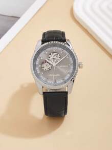1pc Automatic Mechanical Hollow Dial Leather Strap Watch, Fashion Business Men's Gift
