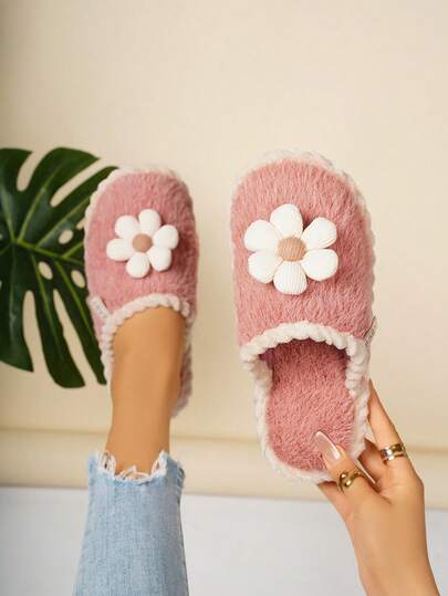 Dammode Rundtåiga Slip-On Tofflor i Fuskpäls med Söt Blomdekoration, Bekväma Hemtofflor, Lämpliga För Höst/Vinter, Plus Size