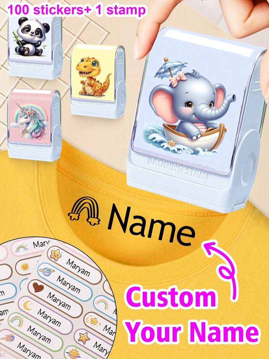 1 Timbro + 100 Adesivi Timbro Personalizzato con Nome, Timbro Nome per Abbigliamento Bambini Impermeabile, Timbro Animali cartoni animati Personalizzati, Timbro Firma Motivo cartoni animati, Timbri Personalizzabili per Bambini, Regali di Cancelleria Personalizzati per Studenti, Regali di Compleanno, Carino, Forniture per il Ritorno a Scuola, Uomini, Donne, Borsa Scolastica, Ragazzi, Ragazze, Insegnante, Figlio