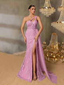 Faeriesty 优雅的单肩晚礼服，背部系带细节，引人注目的高开衩和飘逸的侧边飘带 - 亮片礼服，适合庆典活动、红毯仪式、婚宴、豪华宴会厅庆典、正式宴会 - 粉色 - 查看 4